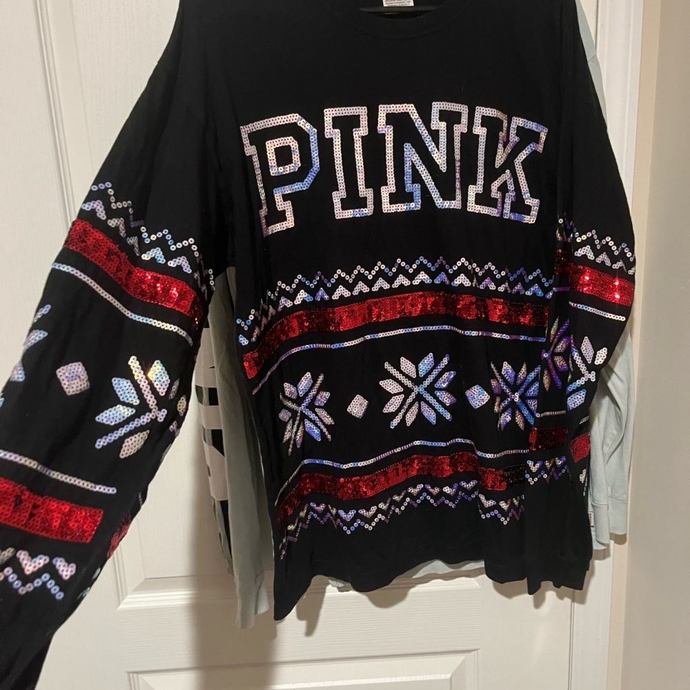 PINK Victoria's Secret Black Sweater with Red and White Sequins NWOT